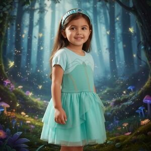 Disney Princess Jasmine Costume Dress Teal Tulle Sparkle with Headband Girls NEW